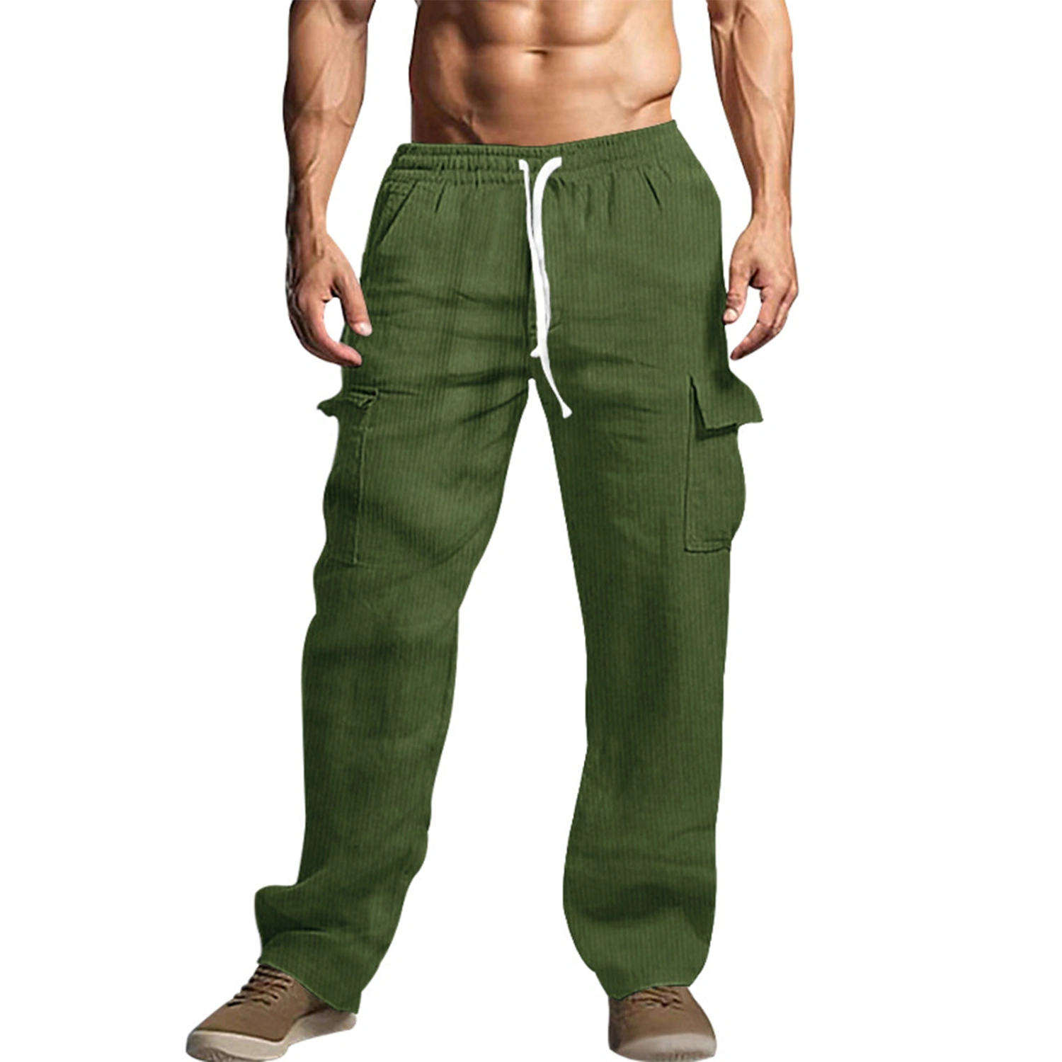 Men Cargo Pants, Elastic Waist Solid Corduroy Trousers with Pockets