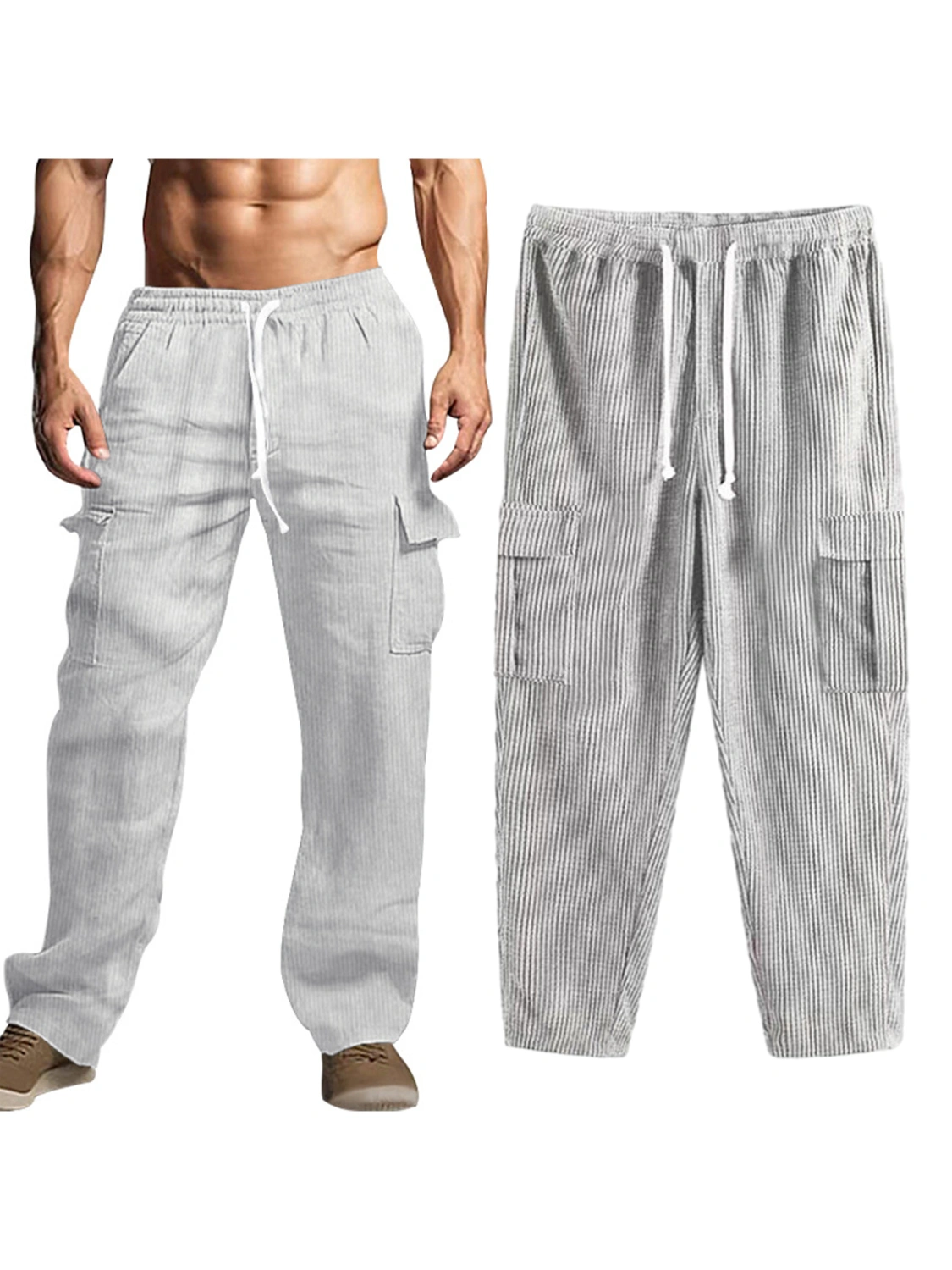 Men Cargo Pants, Elastic Waist Solid Corduroy Trousers with Pockets