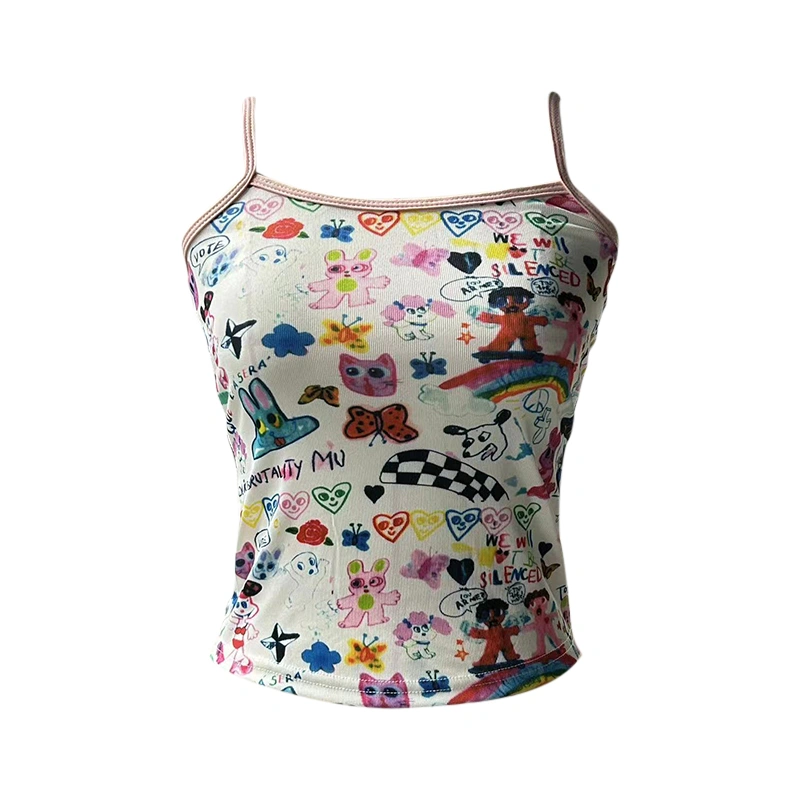 Women Summer Crop Camisole Cartoon Print Spaghetti Strap Tank Tops 