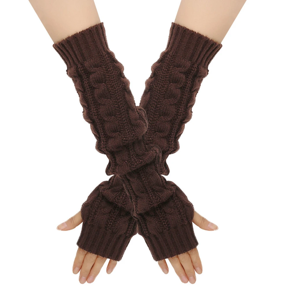 Women Knitted Arm Warmers Solid Color Cable Winter Fingerless Mittens 