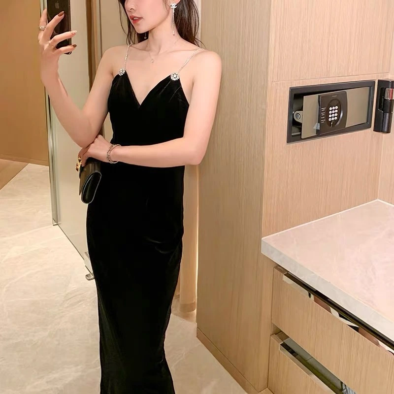 Black Diamond Decorations V-neck Strap Velvet Dress