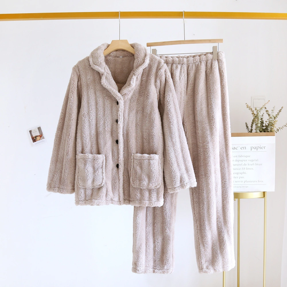 Simple Coral Fleece Couple Pajamas For Women Autumn And Winter