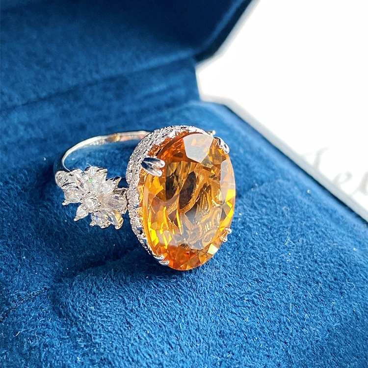 High-end Large Carat Zircon Simulation Citrine Full Diamond Ring For Women