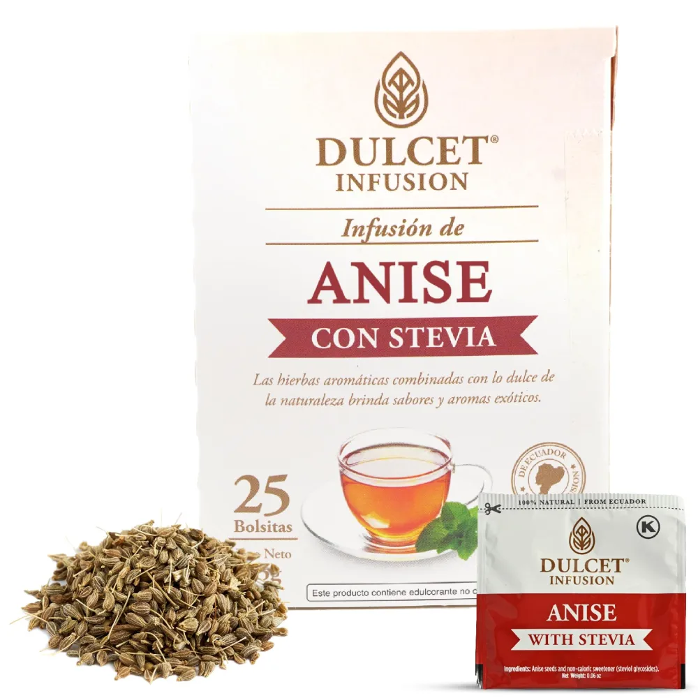 Anise Tea Bags 25 Caffeine Free Tea Bags - Stevia Anise Herbal Tea Bags - Sweet Star Anise Tea Bags - Te de Anis de Estrella with Anise Seeds & Anise Extract - Te De Anis Ecuador by DULCET INFUSION