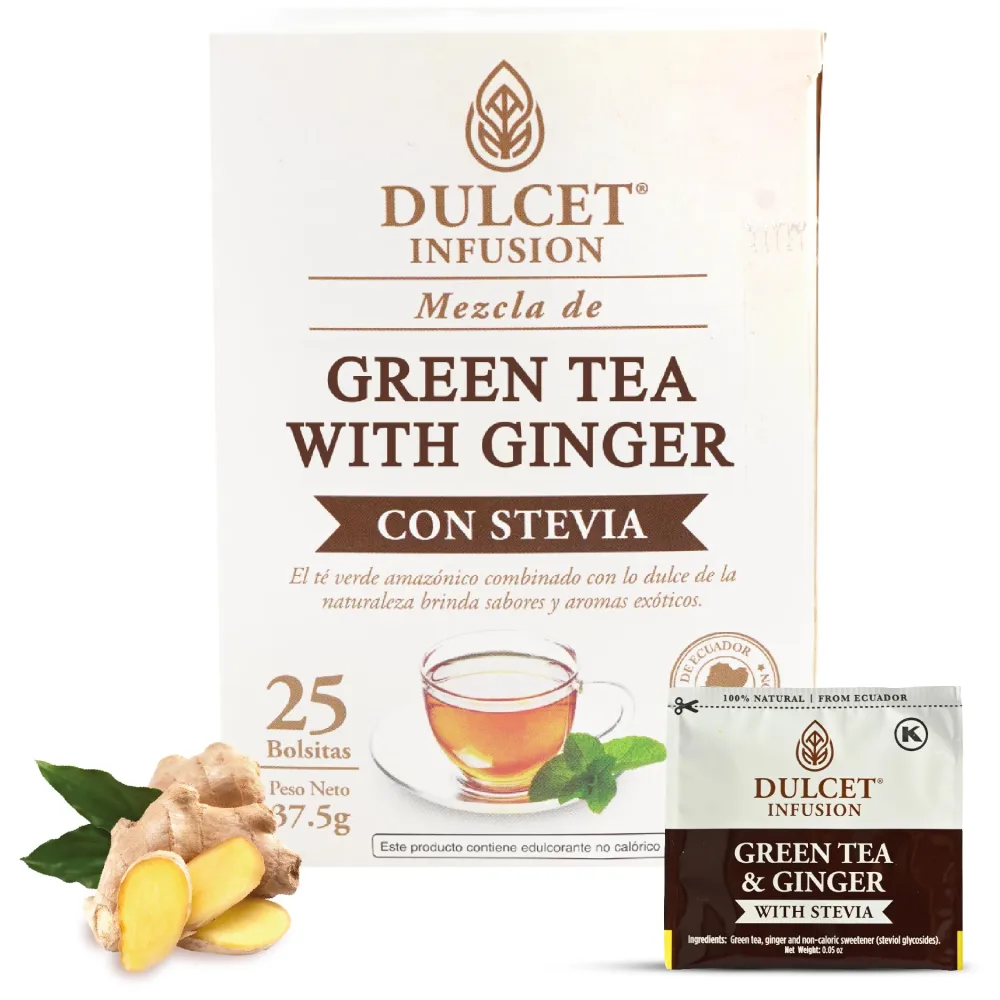 Green Tea Bags with Ginger Tea Bags Herbal - 25 Bags Green Tea with Ginger - Ginger Green Tea with Stevia - Sweet Tropical Green Tea Bulk & Tea Green - Ginger Green Tea From Ecuador by DULCET INFUSION