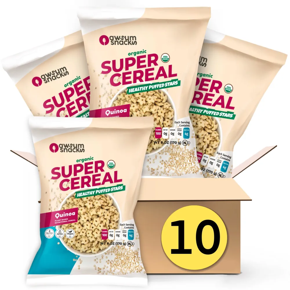 Awsum Snacks SUPERCEREAL 6 oz (10 packs) - Certified USDA Organic, Vegan, Gluten Free, Non-GMO, Kosher, Grain-Free, and Sugar-Free Cereals - Healthy Snacks - Puffed Quinoa