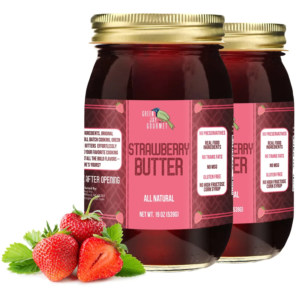 Green Jay Gourmet Strawberry Butter - All-Natural, Gluten-Free Fruit Spread - Strawberry Spread w/ Fresh Strawberries- Gourmet Fruit Butter - No Corn Syrup, Preservatives or Trans-Fats - 2 x 19 Ounces