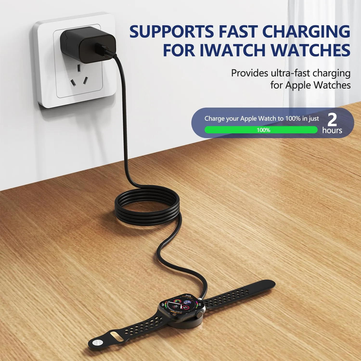 5W Fast Charging USB C Cable 6ft Compatible with Apple Watch Series SE2/8/7,[Apple MFi Certified] Magnetic Watch Charger for iWatch 6/5/4/3/2/1 Includes 38mm 40mm 42mm 44mm 45mm Dimensions - Black
