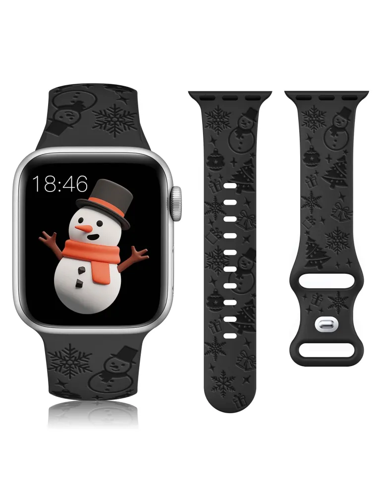 W-RARA Christmas Engraved Band Compatible with Apple Watch Band 38mm 40mm 41mm 42mm 44mm 45mm 49mm for Women Men, Silicone Snowman Snowflakes Holiday Strap for iWatch Series Ultra SE 9 8 7 6 5 4 3 2 1