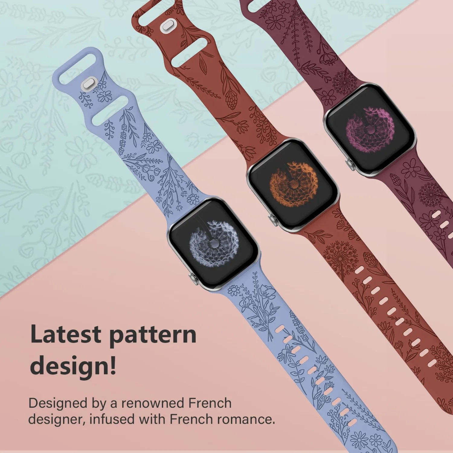 3 Pack Floral Engraved Band Compatible with Apple Watch Bands 38mm 40mm 41mm 44mm 45mm 42mm 49mm Women