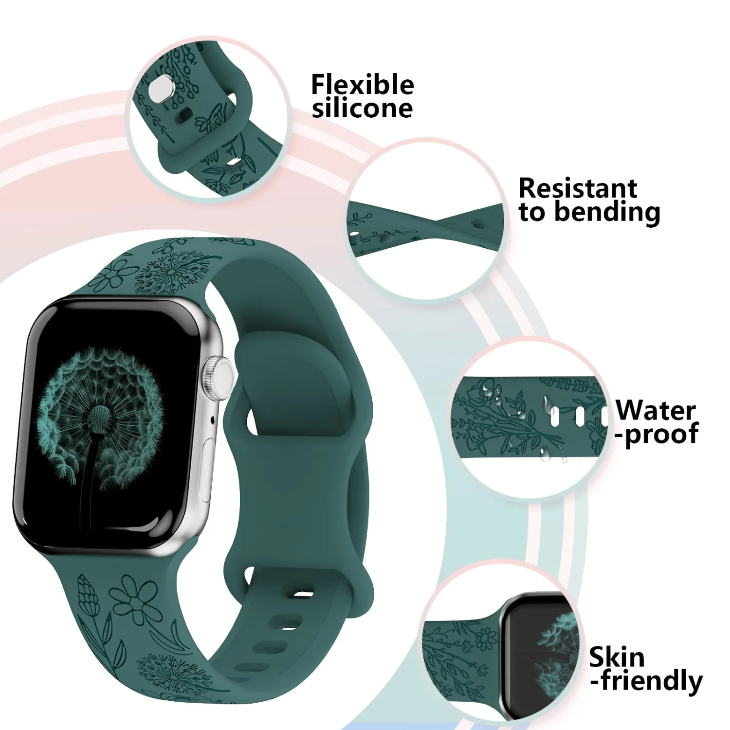 3 Pack Floral Engraved Band Compatible with Apple Watch Bands 38mm 40mm 41mm 44mm 45mm 42mm 49mm Women