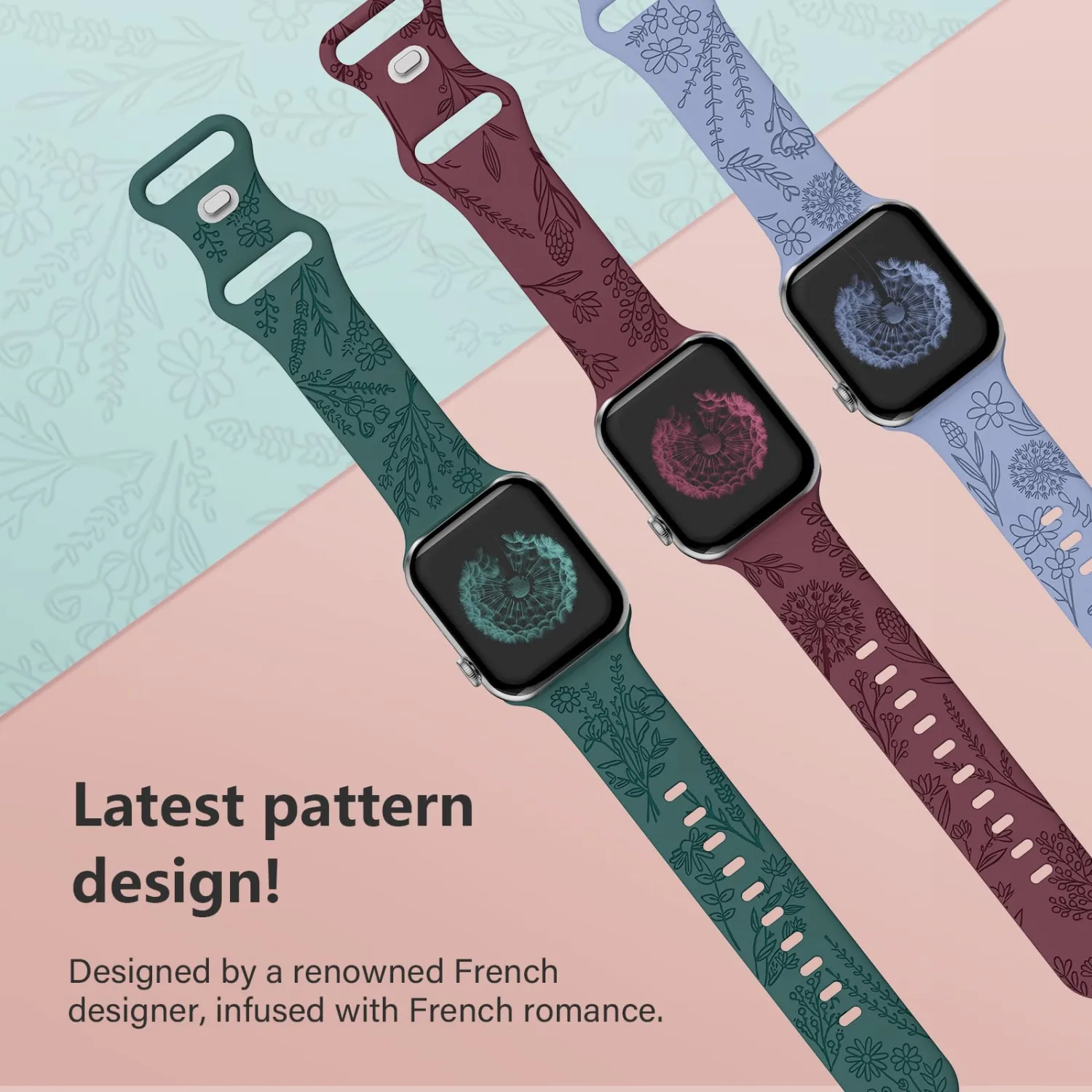 3 Pack Floral Engraved Band Compatible with Apple Watch Bands 38mm 40mm 41mm 44mm 45mm 42mm 49mm Women