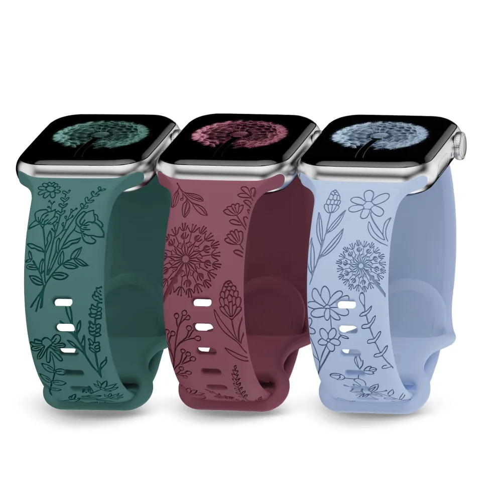 3 Pack Flower Engraved Bands Compatible with Apple Watch Band 38mm 40mm 41mm 42mm 44mm 45mm 49mm Women