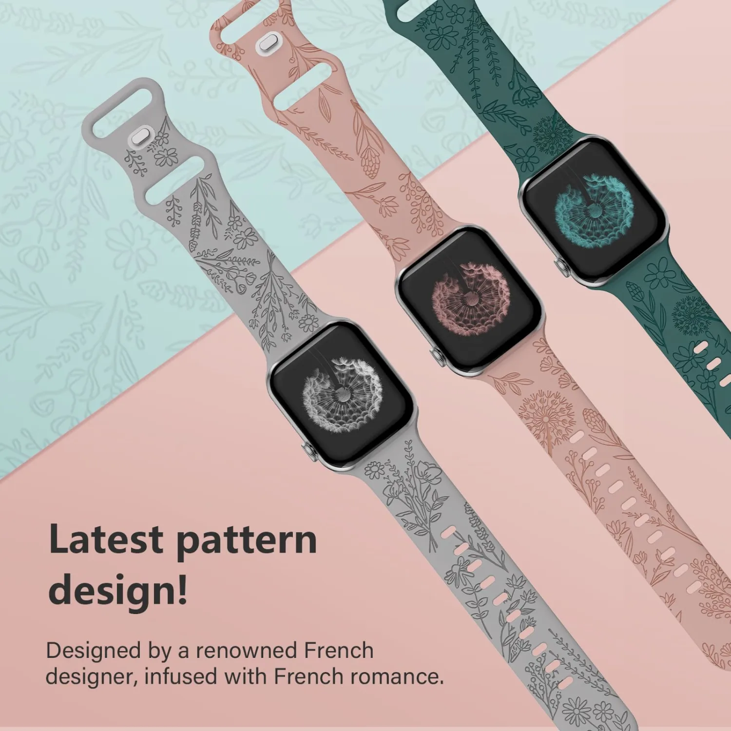 3 Pack Floral Engraved Band Compatible with Apple Watch Bands 38mm 40mm 41mm 44mm 45mm 42mm 49mm Women