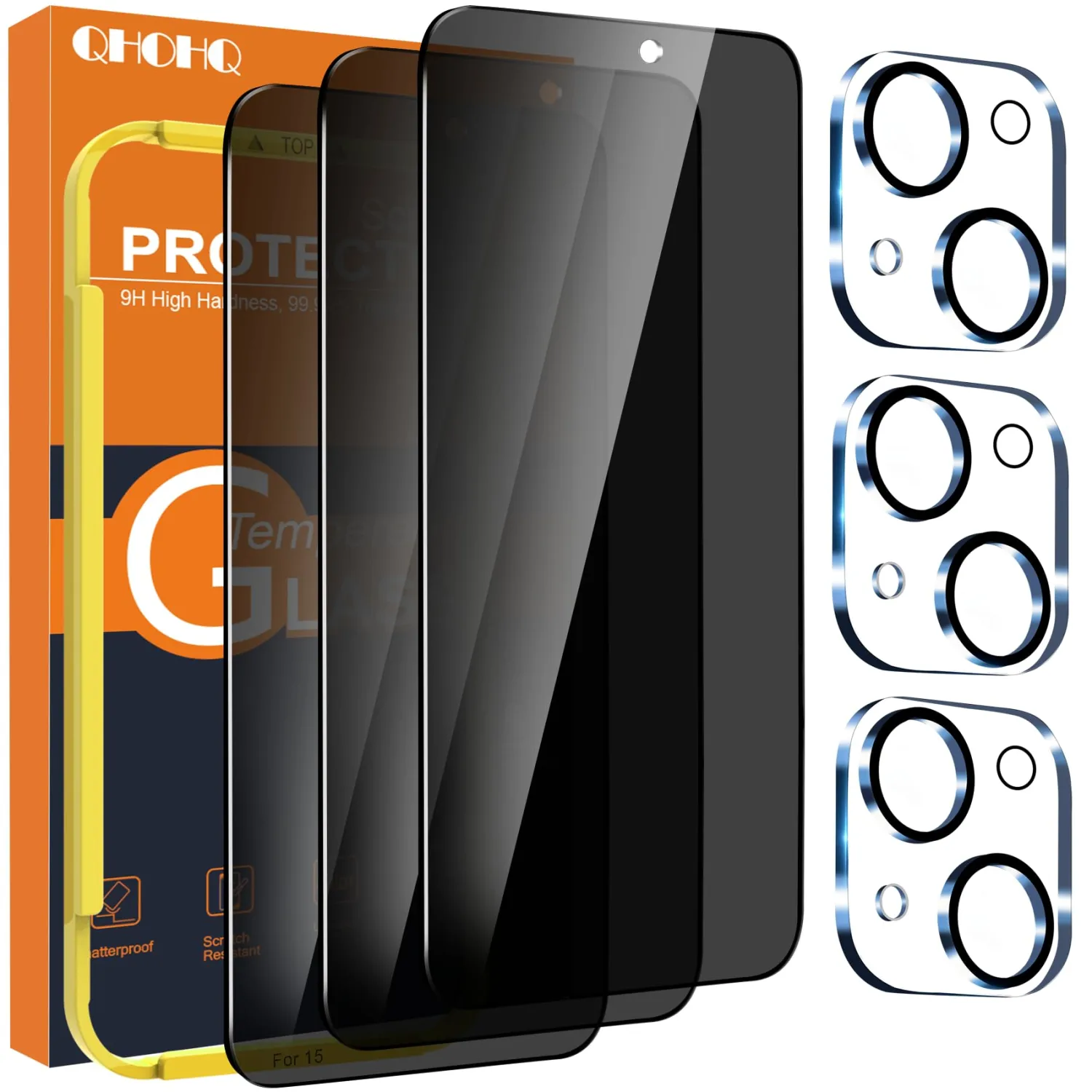 QHOHQ 3 Pack Privacy Screen Protector for iPhone 15 [6.1 Inch] with 3 Pack Camera Lens Protector, Anti Spy Tempered Glass Film, 9H Hardness, HD, Bubble Free, Case Friendly - Black
