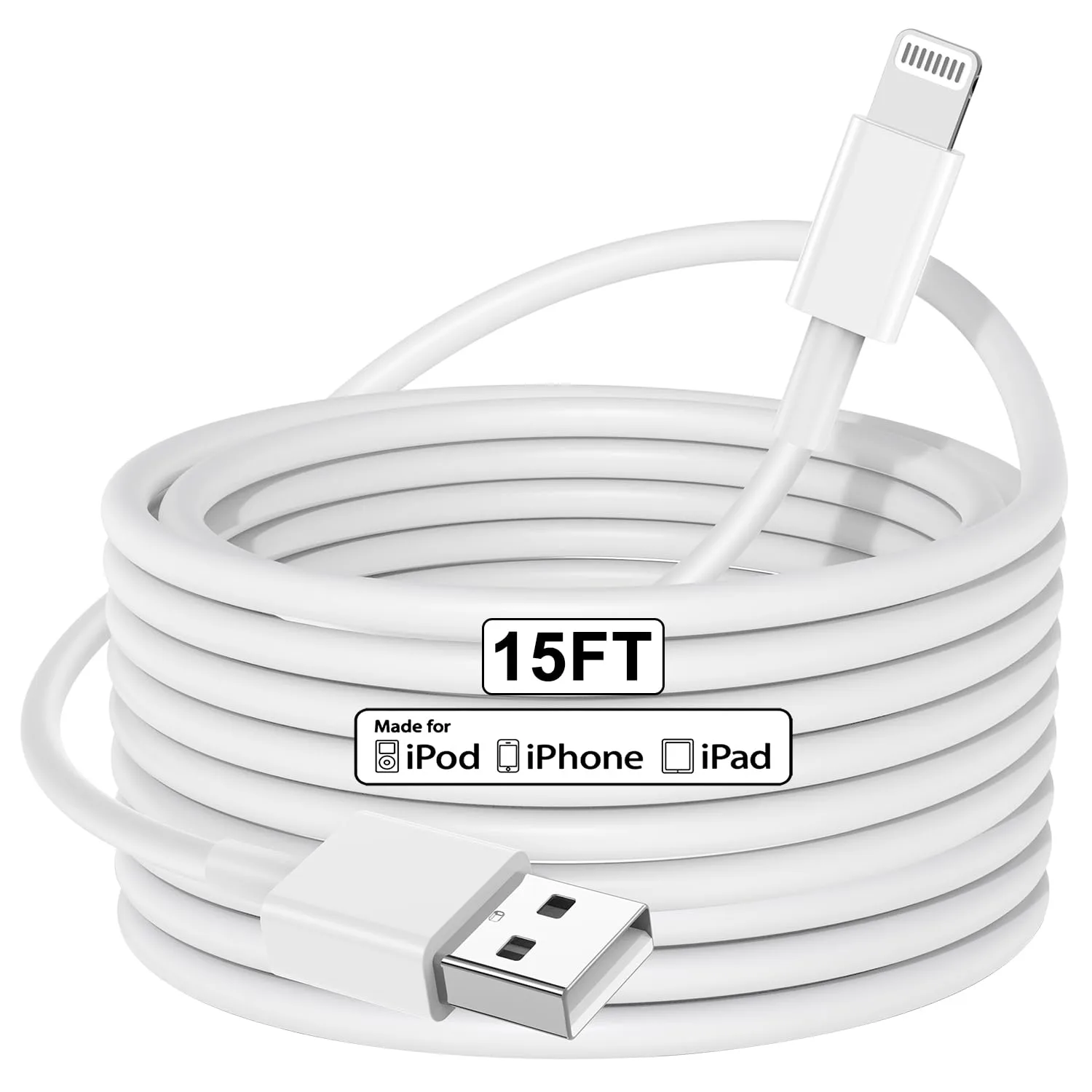 Cabepow 15 Ft Extra Long iPhone Charger Cord,[MFi Certified] Long iPhone USB to Lightning Cable 5M,2.4A iPhone Fast Charging Cord for iPhone 14/14pro/13/12/11/11Pro/11Max/ X/XS/XR/XS Max/8/7-white