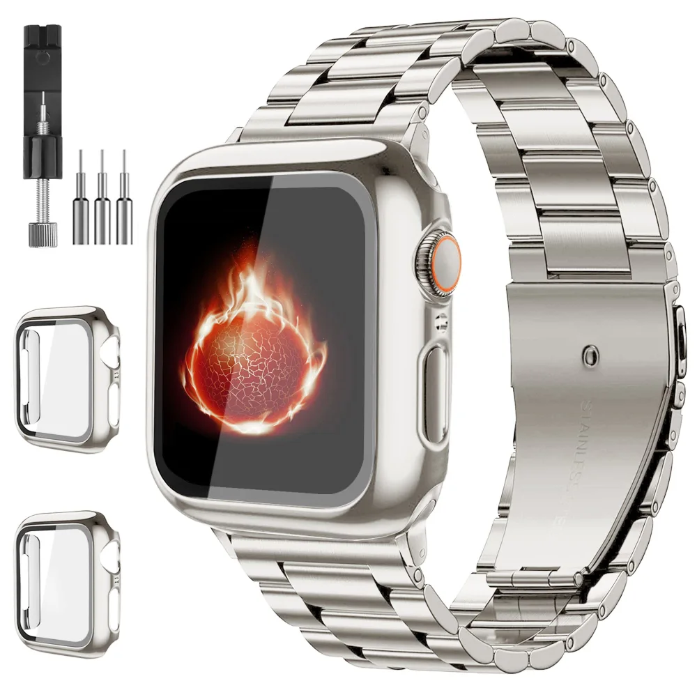 Compatible with Apple Watch Band 49mm 46mm 44mm 45mm 42mm 40mm 38mm 41mm, Stainless Steel Metal XL large iWatch Bands with 2 Pack Tempered Glass Screen Case for Series 10/9 Ultra 2 8/7/6/5/4/3/2/1/SE for Men