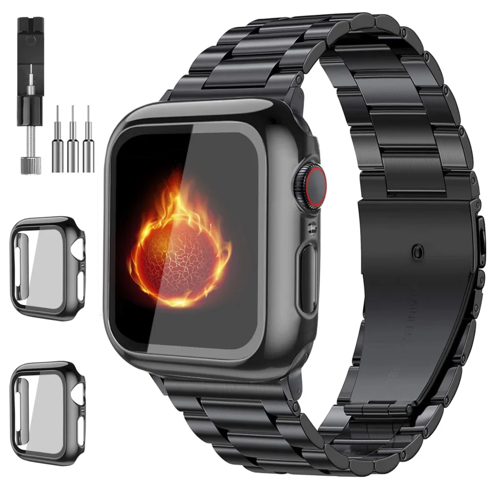 Compatible with Apple Watch Band 49mm 46mm 44mm 45mm 42mm 40mm 38mm 41mm, Stainless Steel iWatch Bands with 2 Pack Tempered Glass Screen Case for Series 10/9 Ultra 2 8/7/6/5/4/3/2/1/SE for Men