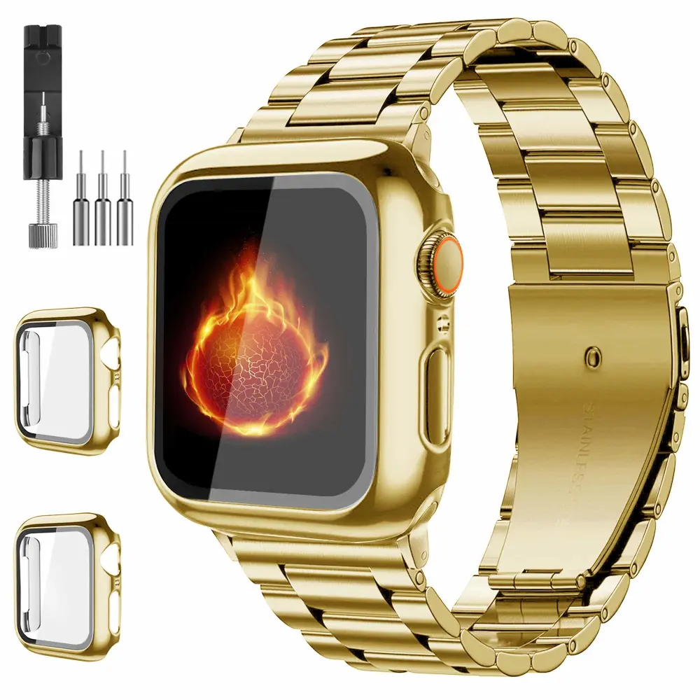 Compatible with Apple Watch Band 49mm 46mm 44mm 45mm 42mm 40mm 38mm 41mm, Stainless Steel iWatch Bands with 2 Pack Tempered Glass Screen Case for Series 10/9 Ultra 2 8/7/6/5/4/3/2/1/SE for Men