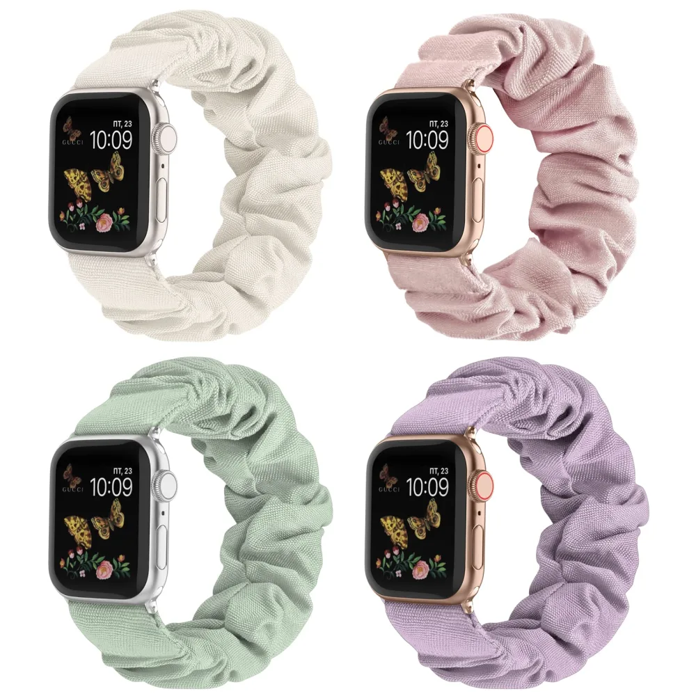 Recoppa Compatible for Apple Watch Band Scrunchie 38mm 40mm 41mm 42mm 44mm 45mm 46mm Cute Printed Elastic Solo Loop Bands Women Bracelet Strap for iWatch Series 10 9 8 7 6 5 4 3 2 1 SE, 4 Packs