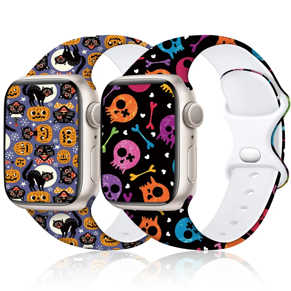 2 Pack Halloween Apple Watch Bands Compatible with Apple Watch Series 10 9 8 SE 7 6 5 4 3 2 1 Ultra 2 1, iWatch Bands for Women Men, Halloween Band for Apple Watch 42mm(Series 10) 41mm 40mm 38mm (Weird Skulls & Black Cat)