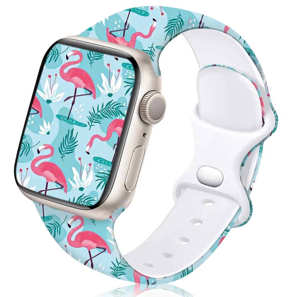 Flamingo Printed Bands Compatible with Apple Watch Series 9 8 SE 7 6 5 4 3 2 1 Ultra 2 1 Bands for Women Men,Silicone iWatch Bands for Apple Watch Bands 45mm 44mm 49mm 42mm(Elegant Flamingos)