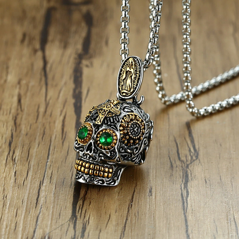 Titanium Steel Ghost Head Pendant Men's Green Eye Skull Necklace