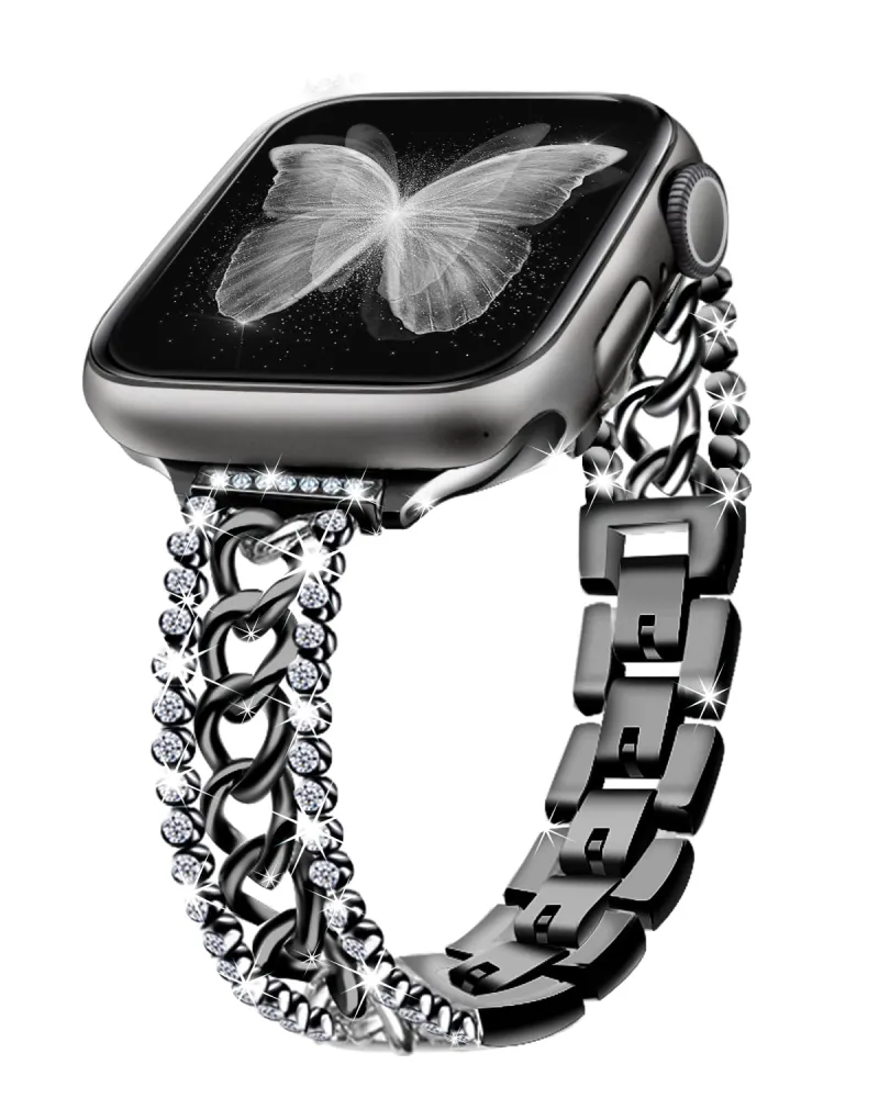 Bling Chain Compatible with Apple Watch Series 8 Band 45mm 44 mm 42mm 49mm Women, Dressy Glitter Diamond Rhinestone Stainless Steel Metal Bracelet Strap for Iwatch Series 7/6/5/4/3/2/1/SE Black