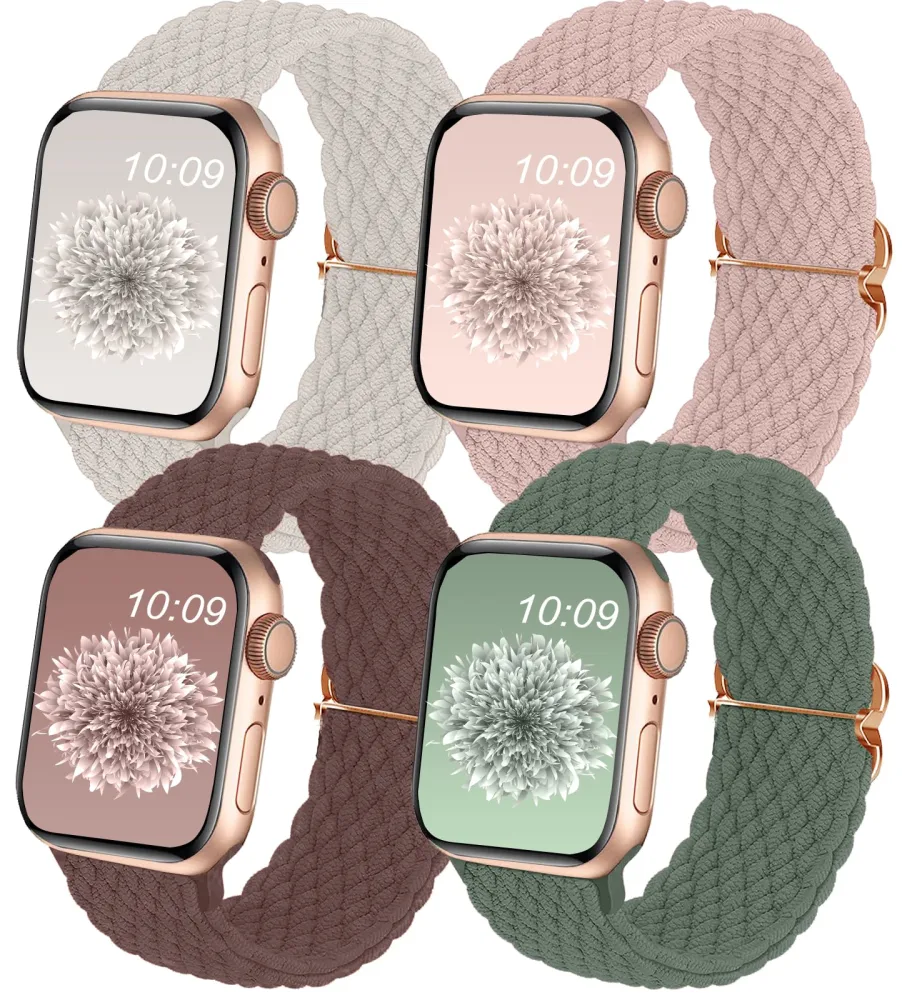 4Pack Braided Solo Loop Compatible with Apple Watch Band 38mm 40mm 41mm 42mm 44mm 45mm 46mm 49mm, Washable Stretchy Woven Nylon Strap Women Men for iWatch Bands Series 10 9 8 7 6 5 4 3 2 1 SE Ultra