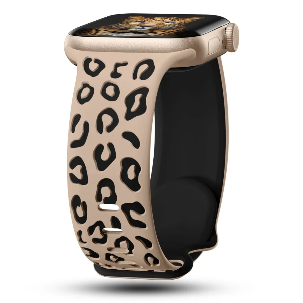 CreateGreat Engraved Leopard Bands Compatible with Apple Watch Band 40mm 41mm 38mm 42mm 44mm 45mm 46mm 49mm Women, Silicone Cheetah Designer Strap for iWatch Series 10 9 8 7 6 5 4 3 2 SE Ultra