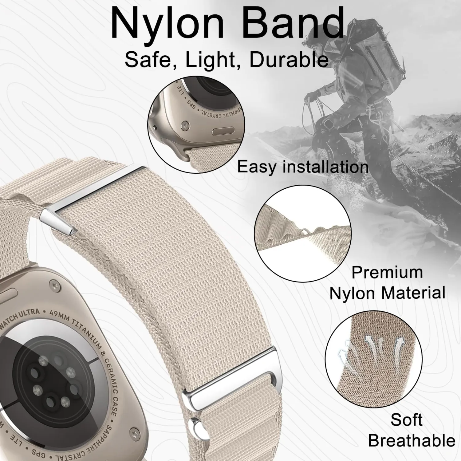 Alpine Loop Nylon Band - Compatible with Apple Watch Ultra 2/Ultra Band 49mm 45mm 44mm 42mm for Men Women, Adjustable with Metal C-Hook Strap for iWatch Ultra 2, iWatch Ultra Series SE 9/8/7/6/5/4/3