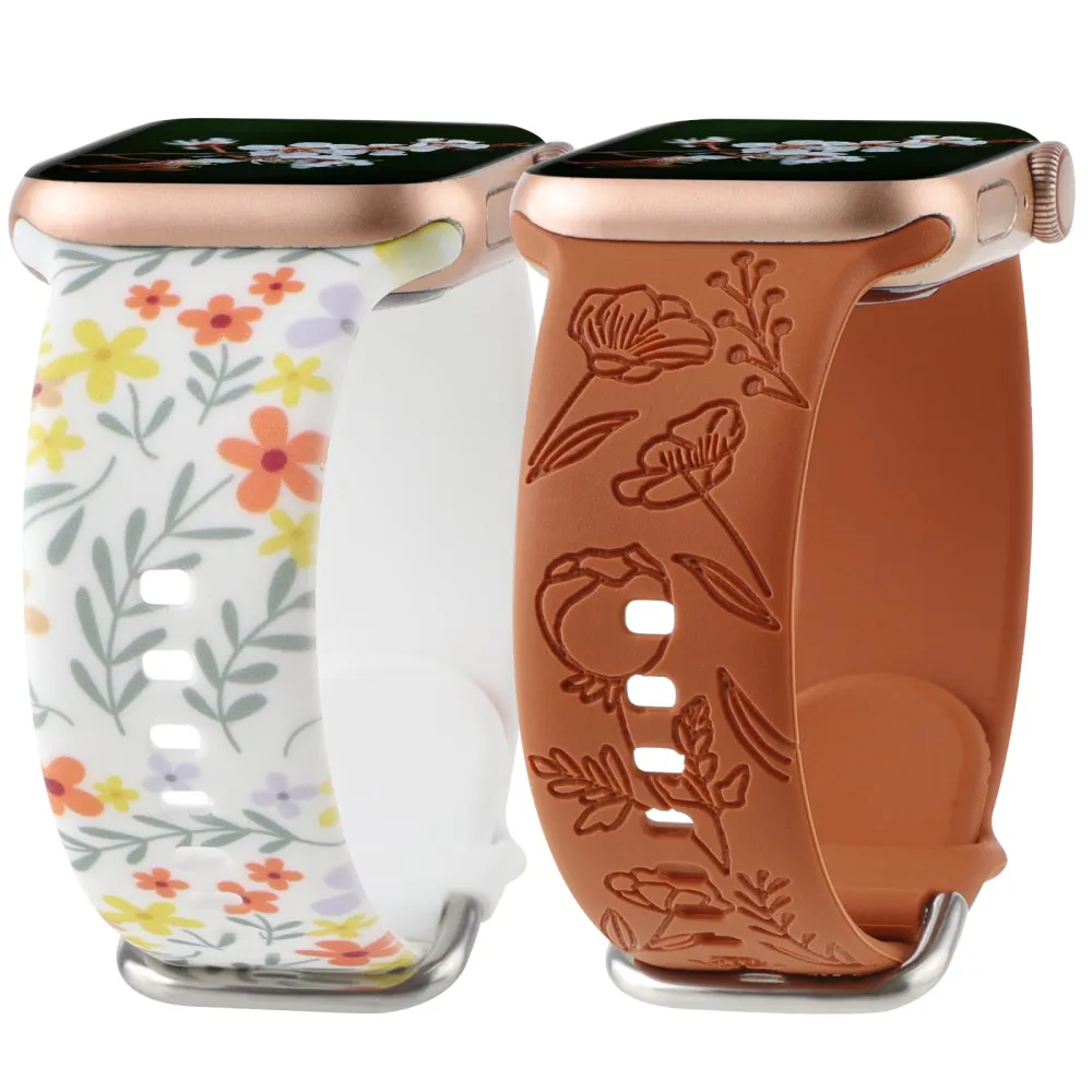 Floral Engraved Band with Flower Printed Strap Compatible with Apple Watch Band 38mm 40mm 41mm Women, Soft Silicone Cute Wildflowers Sport Laser Strap for iWatch Bands Series Ultra SE 9 8 6 5 4 3 2 1