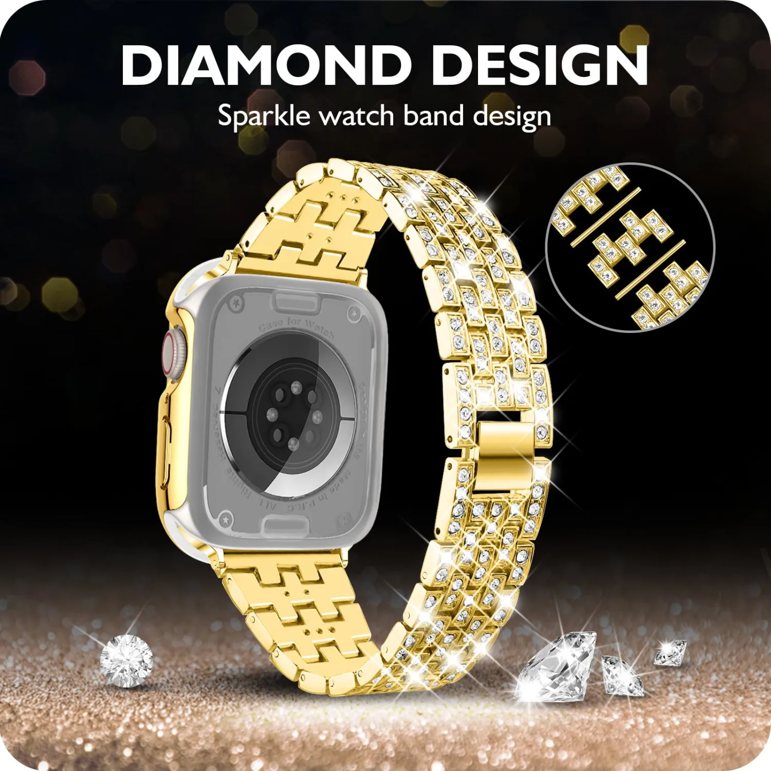 DABAOZA Compatible for Bling Apple Watch Band with Bumper Case, Full Diamond Women Jewelry Rhinestone Sparkle Stainless Metal Strap Band for iWatch Series 9 8 7 6 5 4 3 2 1 SE Ultra 2/1