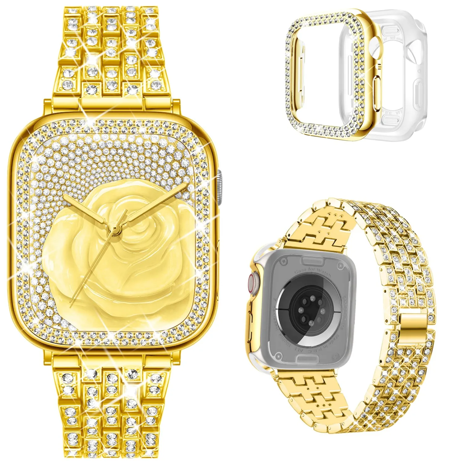 DABAOZA Compatible for Bling Apple Watch Band with Bumper Case, Full Diamond Women Jewelry Rhinestone Sparkle Stainless Metal Strap Band for iWatch Series 9 8 7 6 5 4 3 2 1 SE Ultra 2/1