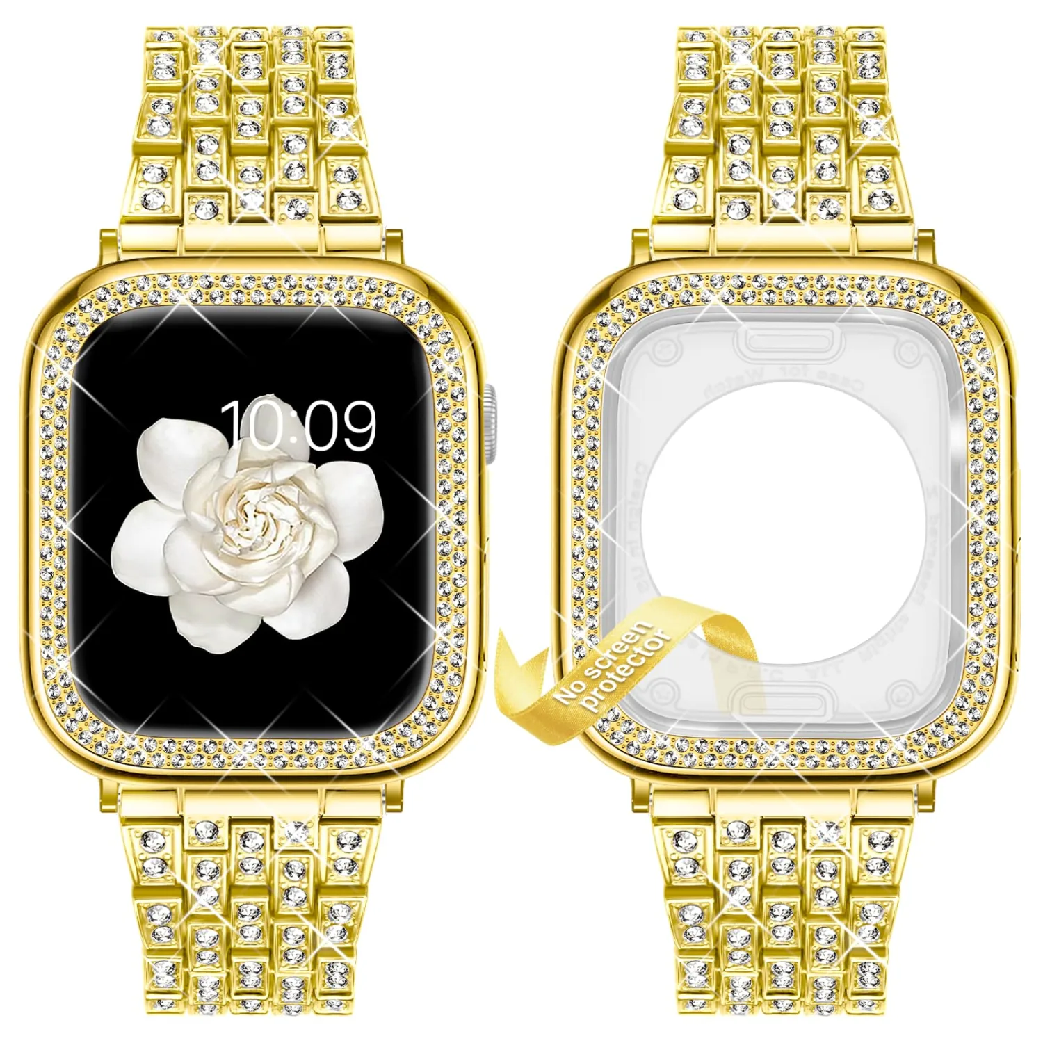 DABAOZA Compatible for Bling Apple Watch Band with Bumper Case, Full Diamond Women Jewelry Rhinestone Sparkle Stainless Metal Strap Band for iWatch Series 9 8 7 6 5 4 3 2 1 SE Ultra 2/1
