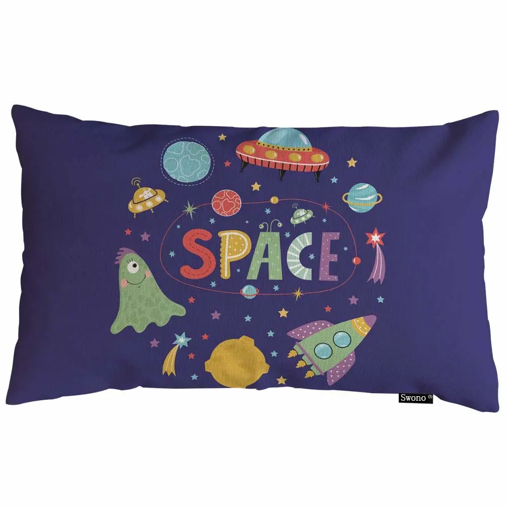 Swono Space Throw Pillow Cover Cartoon Space Icons with Spaceship Flying Saucer Alien Stars and Planets Cotton Linen Decorative Rectangular Pillowcase for Sofa and Bed Couch 12"X20"