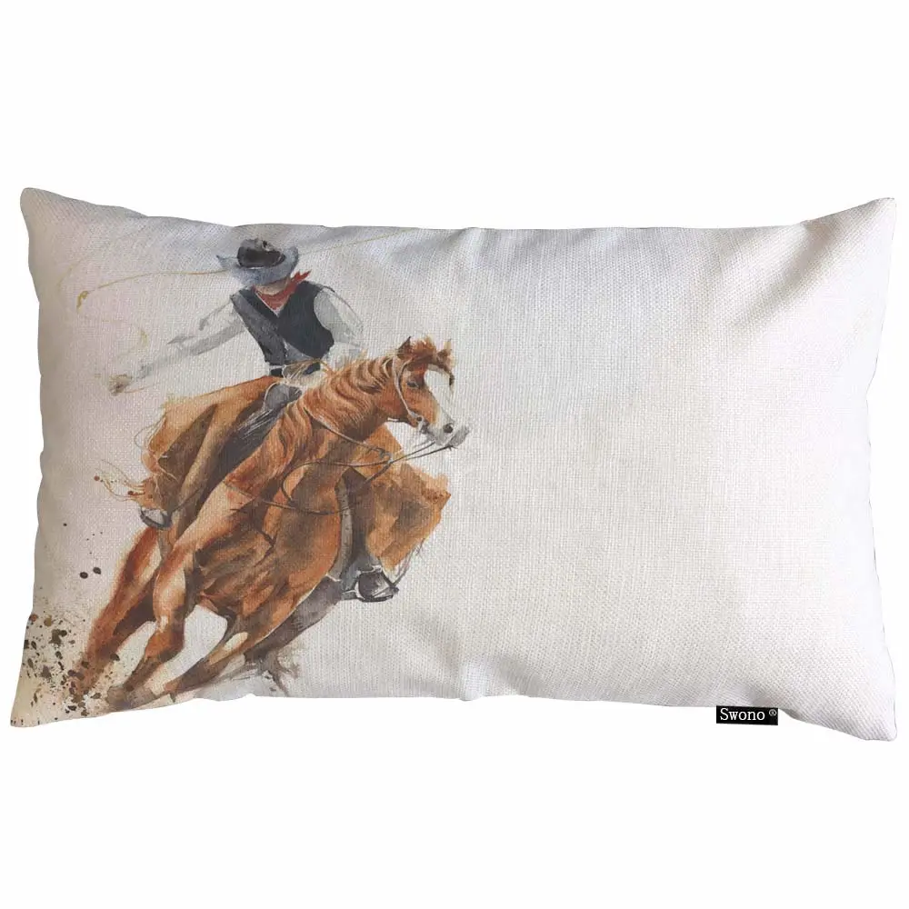 Swono Cowboy Throw Pillow Cover Watercolor Cowboy Riding A Horse Ride Calf Roping Painting Cotton Linen Decorative Rectangular Pillowcase for Sofa and Bed Couch 12"X20"