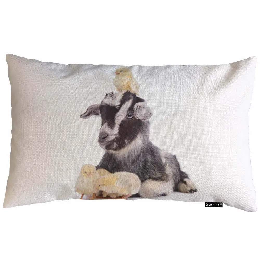 Swono Animal Throw Pillow Cover Farm Animals Cute Newborn Goat and Chickens Cotton Linen Decorative Rectangular Pillowcase for Sofa and Bed Couch 12"X20"