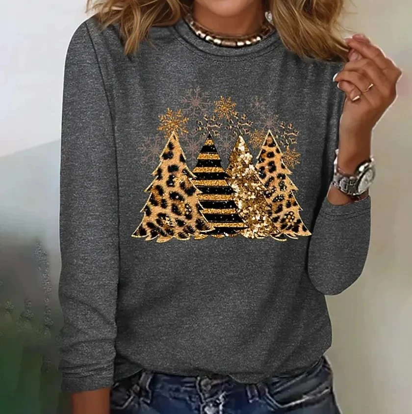 Loose Digital Printed Round Neck Long-sleeved T-shirt For Women