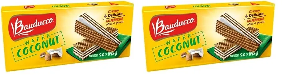 Bauducco Coconut Wafers - Crispy Wafer Cookies With 3 Delicious, Indulgent Decadent Layers of Coconut Flavored Cream - Delicious Sweet Snack or Desert - 5.0oz (Pack of 2)