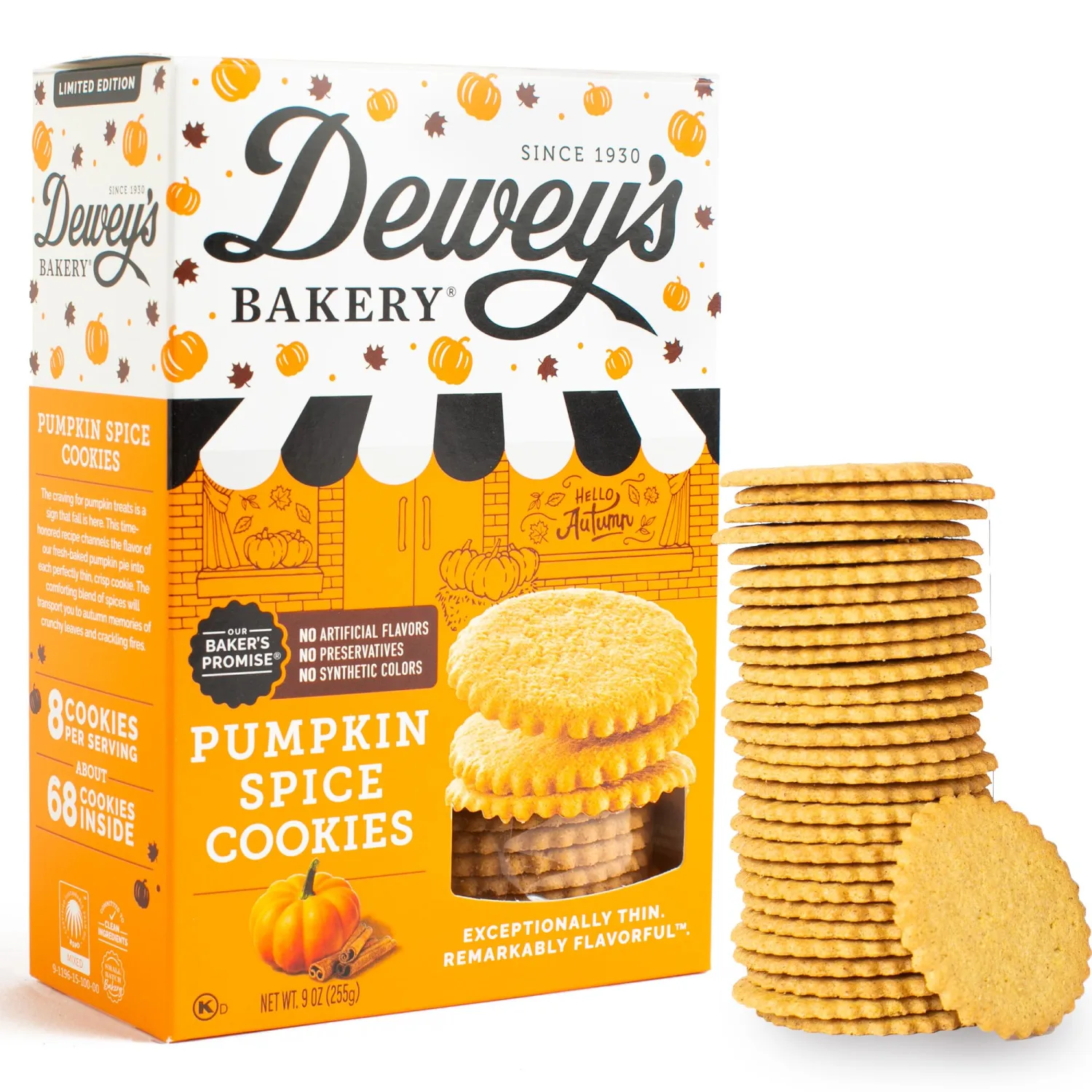 Dewey's Bakery Pumpkin Spice Moravian Style Thin Cookies | Seasonal Flavor | No Artificial Flavors, Synthetic Colors or Preservatives | Baked in Small Batches | 9oz (Pack of 1)