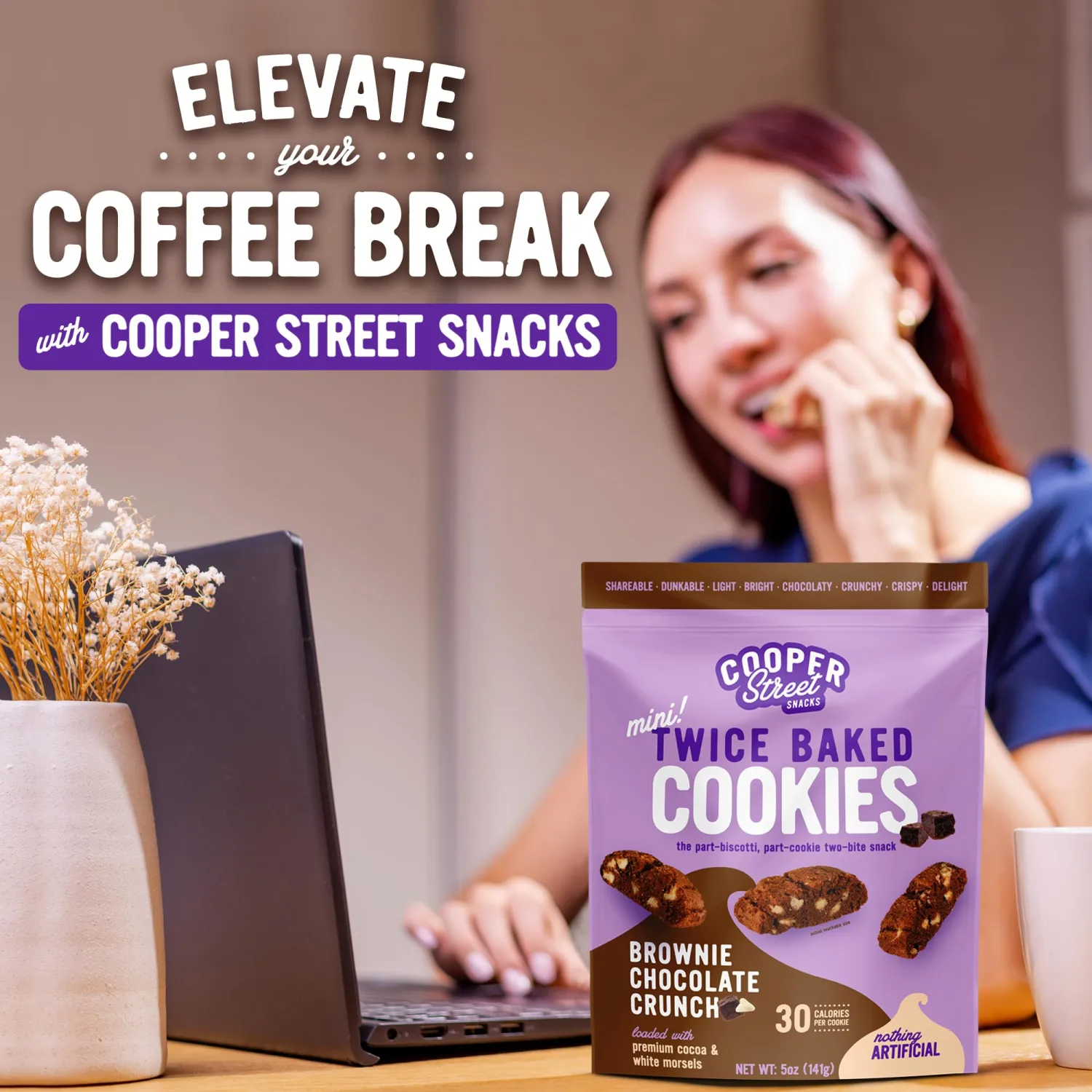 Cooper Street Twice Baked Brownie Chocolate Biscotti Cookies - Light and Crispy Coffee Cookie Bites - Traditional Low Calorie Italian Snacks for Adults & Kids - Kosher, Dairy, Peanut & Soy Free - 5oz
