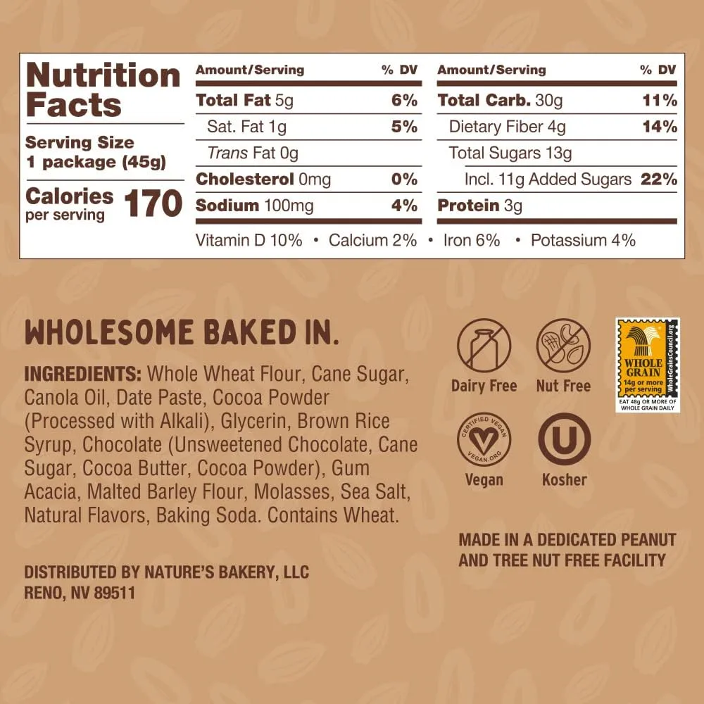 Nature’s Bakery Double Chocolate Brownie Bars, Whole Grains, Dates, and Cocoa, Plant Based, Dairy-Free, Snack Bar, 1 box with 12 Twin Packs (12 Twin Packs)