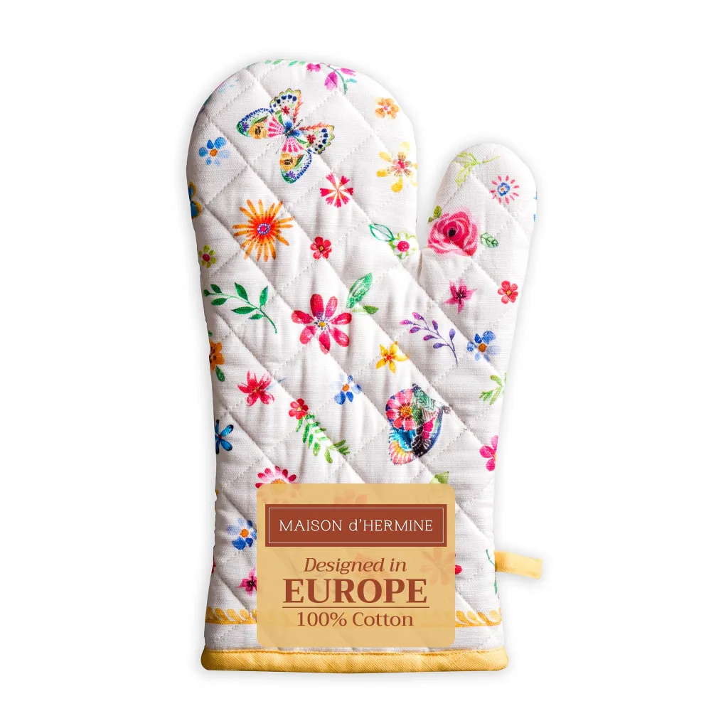 Maison d' Hermine Cooking Gloves 100% Cotton Oven Mitt 7"x13" with Hanging Loop, Heat Resistant, BBQ, Cooking, Baking, Grilling & Barbeque, Happy Florals - Sweety - Spring/Summer