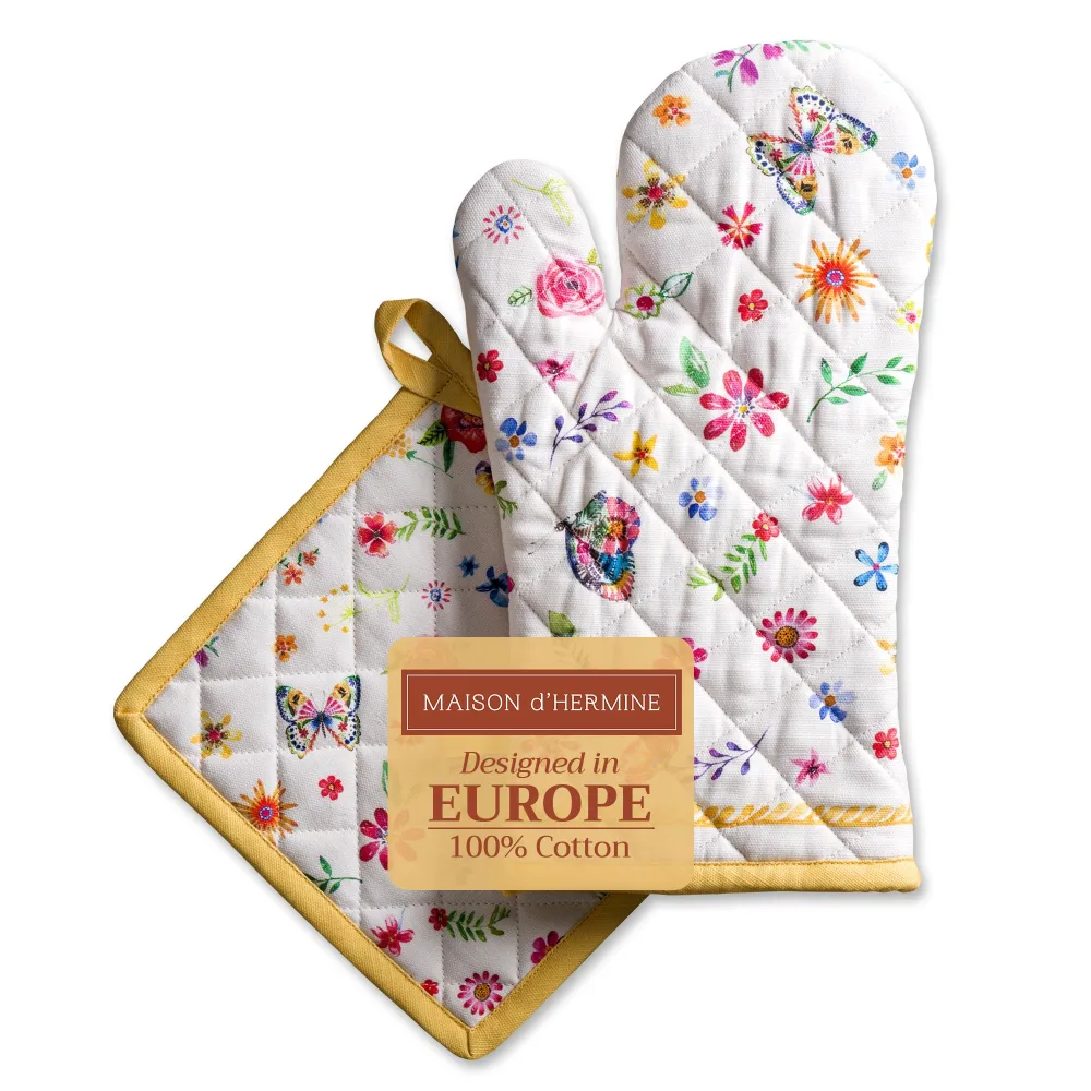 Maison d’ Hermine Oven Mitt 7.5 x 13 Inch & Pot Holder 8 x 8 Inch Set – 100% Cotton, Heat-Resistant Kitchen Mittens for Oven, BBQ, Baking, Cooking, and Microwave, Happy Florals Sweety - Spring/Summer