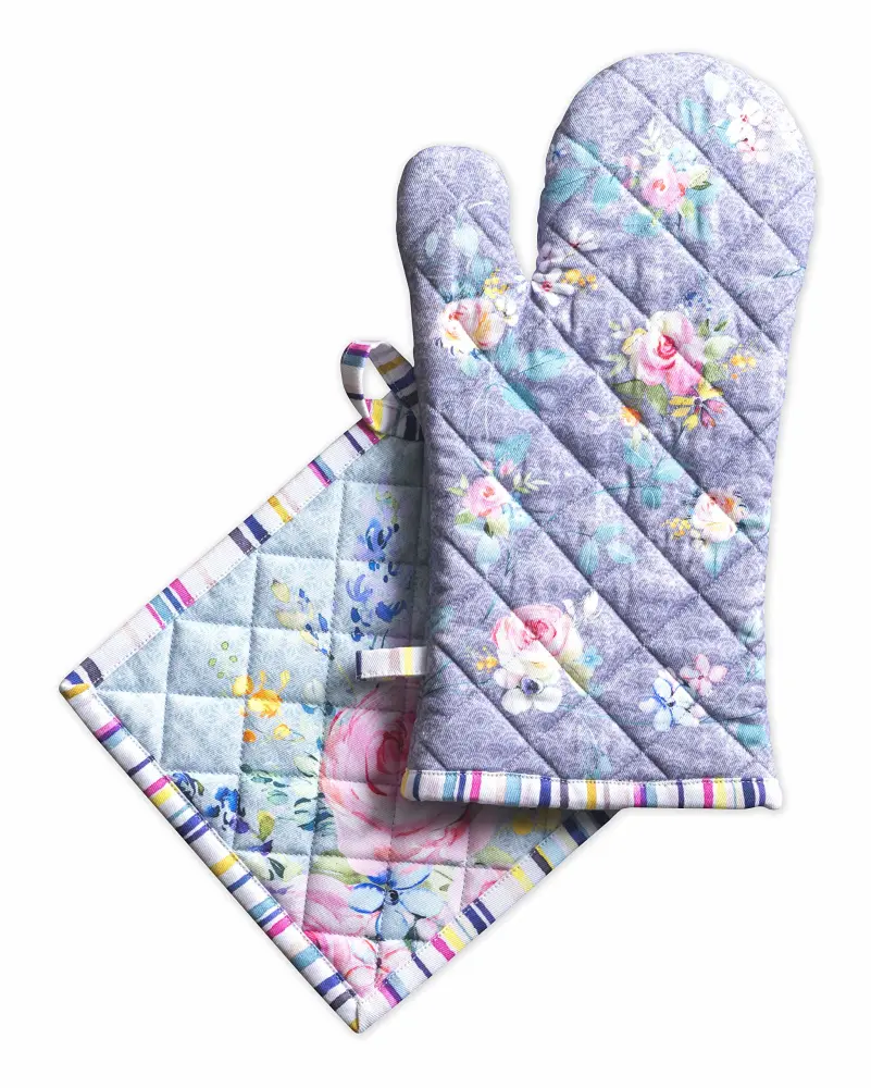 Maison d' Hermine Oven Mitt (7.5"x13") & Pot Holder (8"x8") 100% Cotton Kitchen Oven Mitt + Pot Holder Heat Resistant, Banquet, BBQ, Barbeque, Sweet Rose Lavender - Spring/Summer