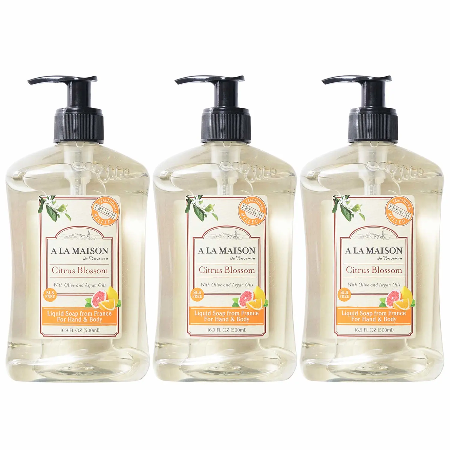 A LA MAISON Liquid Soap, Citrus Blossom - Uses: Hand and Body, Triple Milled, Essential Oils, Biodegradable, Plant Based, Vegan, Cruelty-Free, Alcohol & Paraben Free (16.9 oz, 3 Pack)