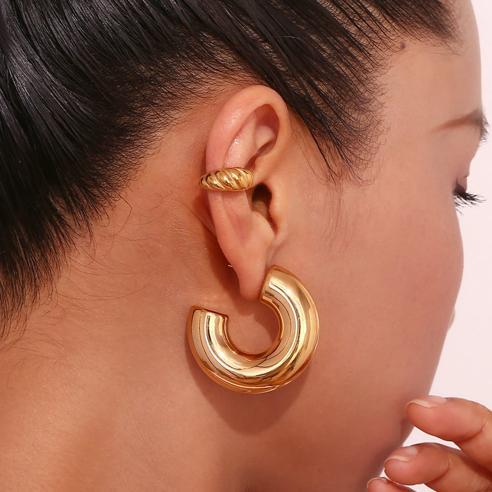 Hollow Glossy Ear Ring Stainless Steel Gold Plated Premium Earrings Jewelry