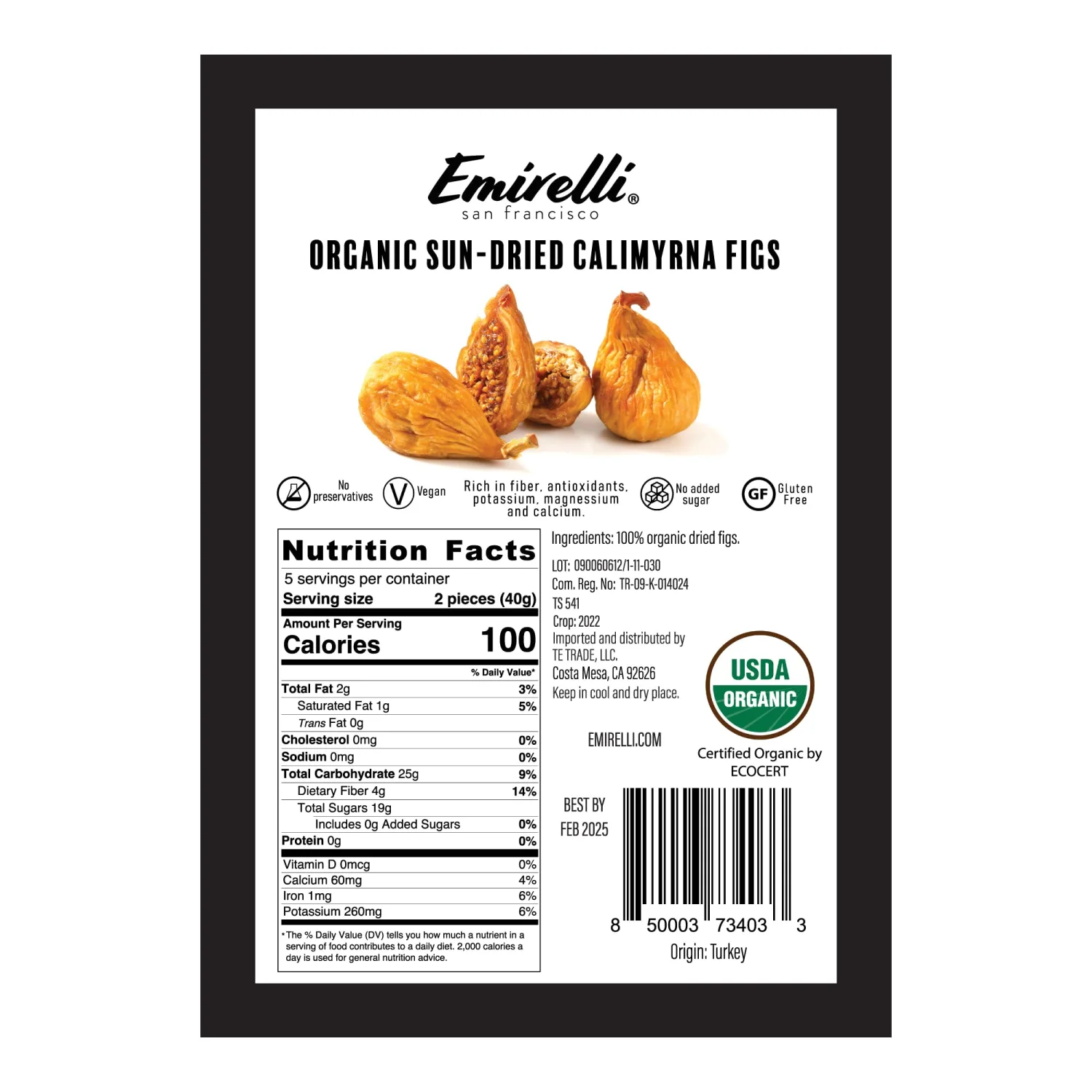 Emirelli Organic Calimyrna Figs, Vegan and Natural, Gluten Free Snacks, No Sugar Added and Non GMO, 7.05 OZ (200g) (Pack of 1)