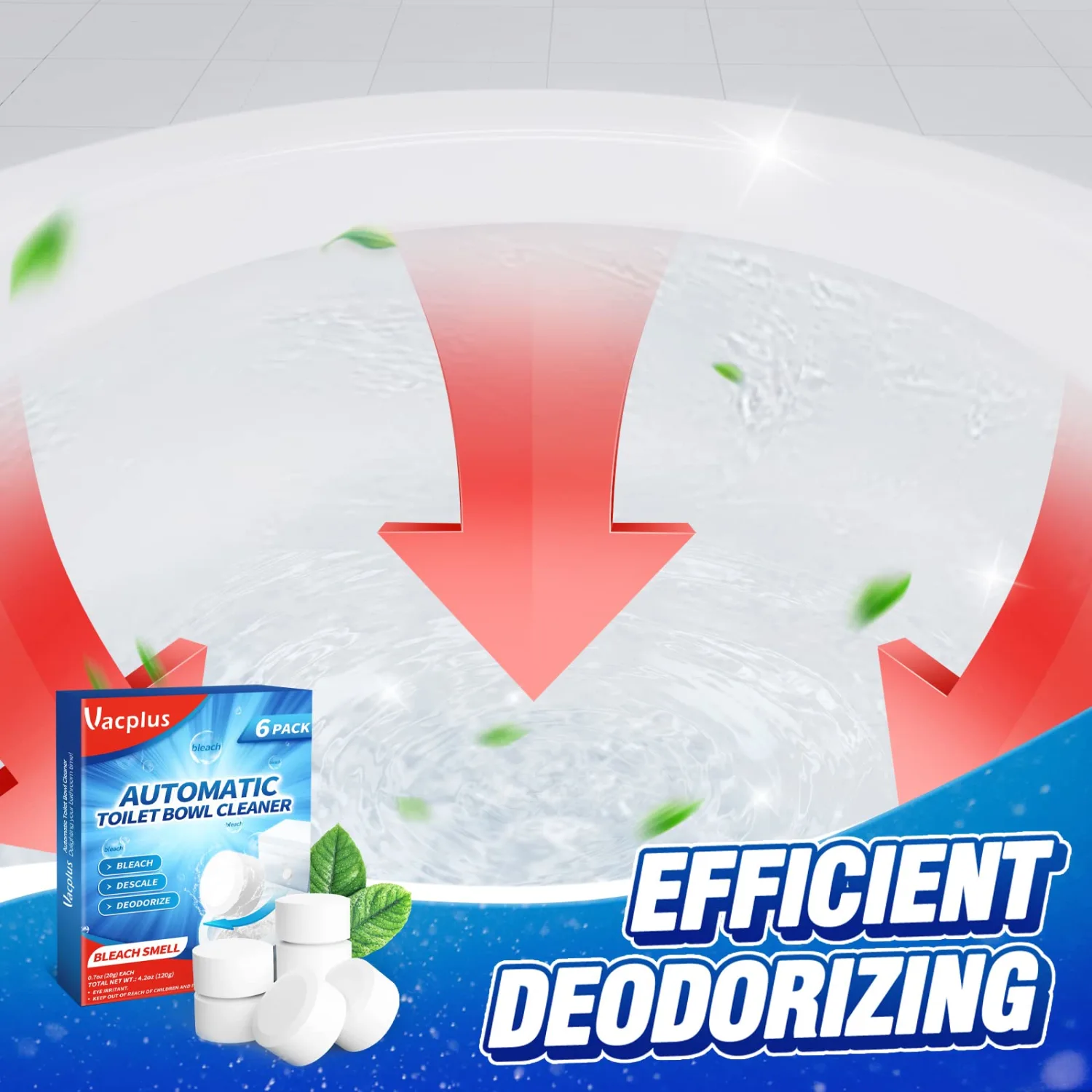 Vacplus Toilet Bowl Cleaner Tablets 6 PACK, Automatic Toilet Bowl Cleaners with Bleach, Durable Toilet Tank Cleaners with Sustained-Release Technology, Household Toilet Cleaners with Easy Operation